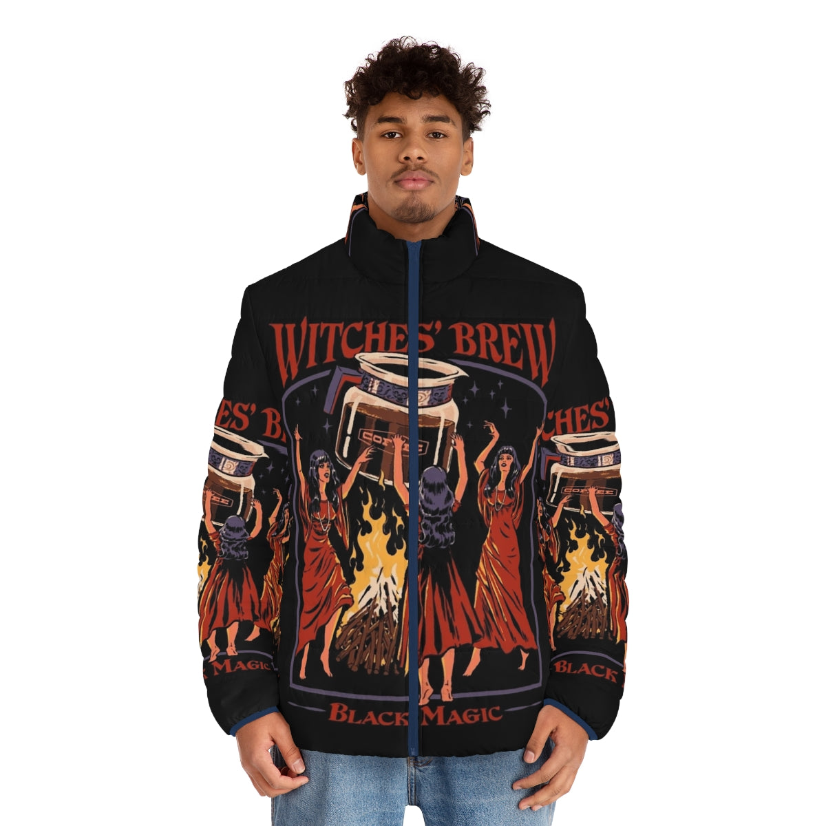 Retro Witches Brew Puffer Jacket featuring a vintage, horror-inspired design with a caffeine-fueled, occult-inspired aesthetic. - men front