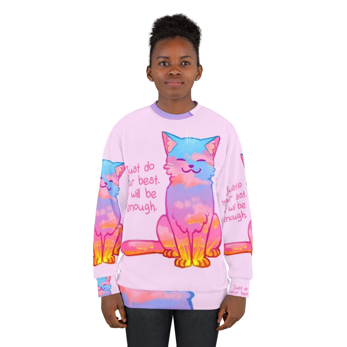 Sunset cat sweatshirt with positive affirmation - women