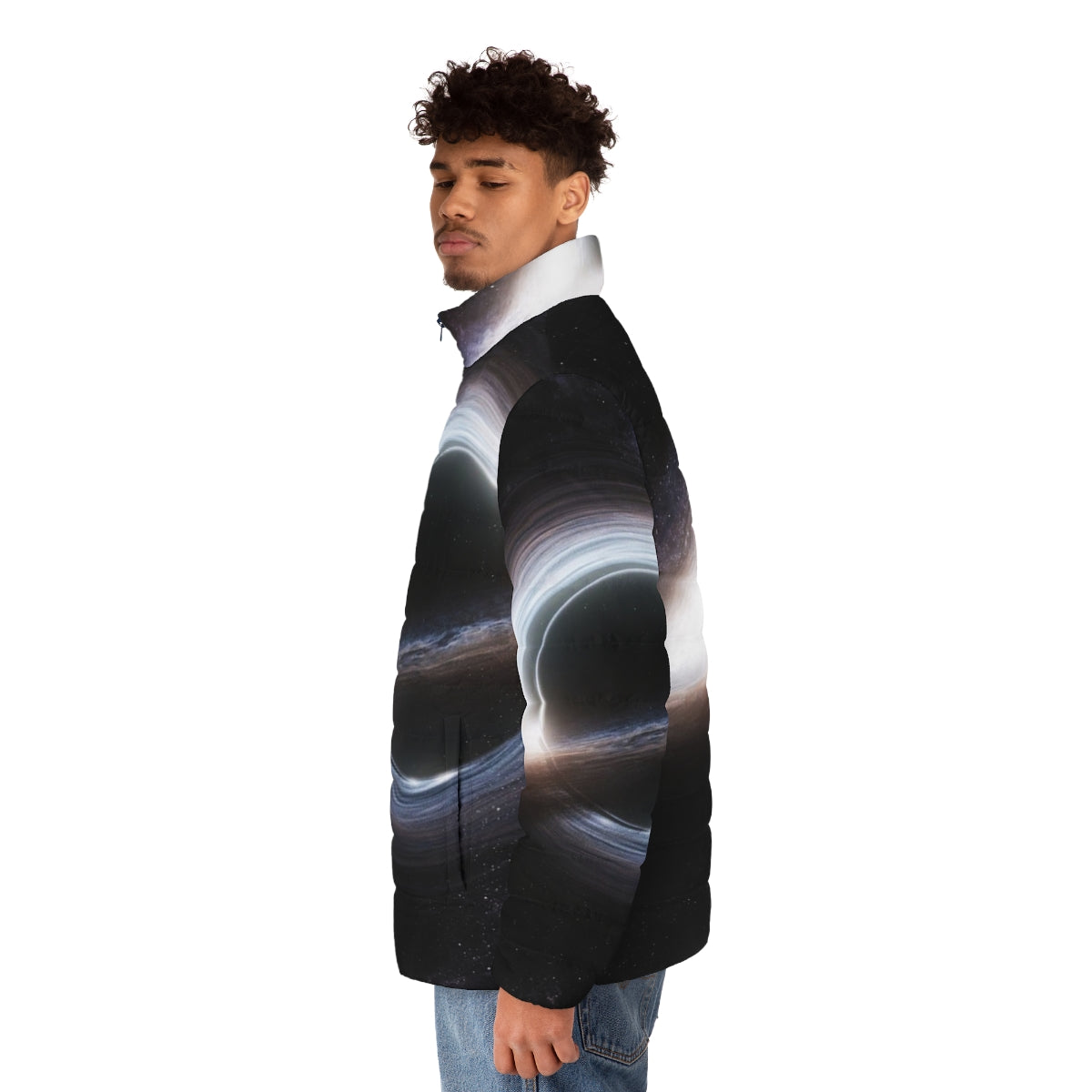 Gargantua space-themed puffer jacket with black hole and galaxy design - men side left