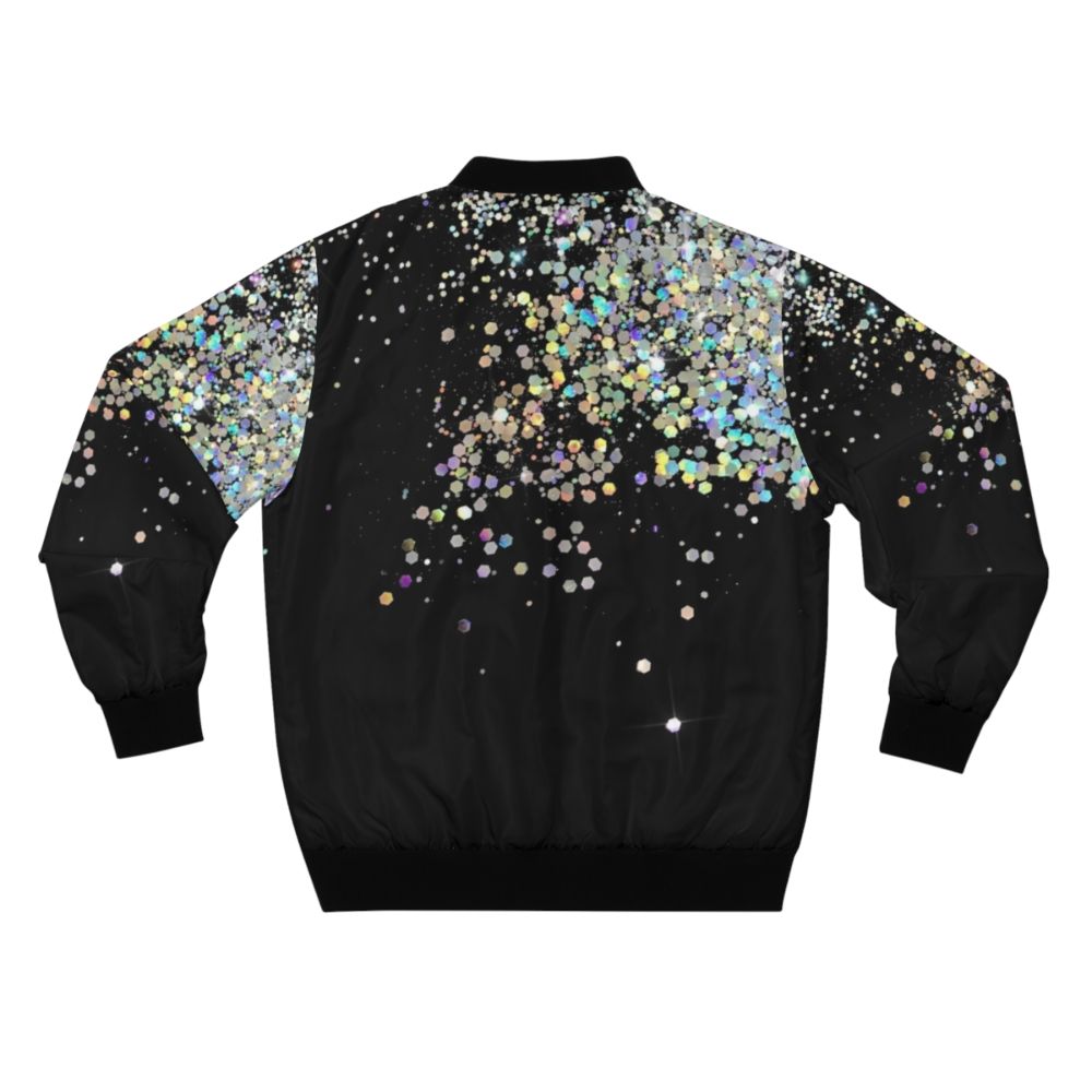 A black bomber jacket with holographic and sparkly accents - Back