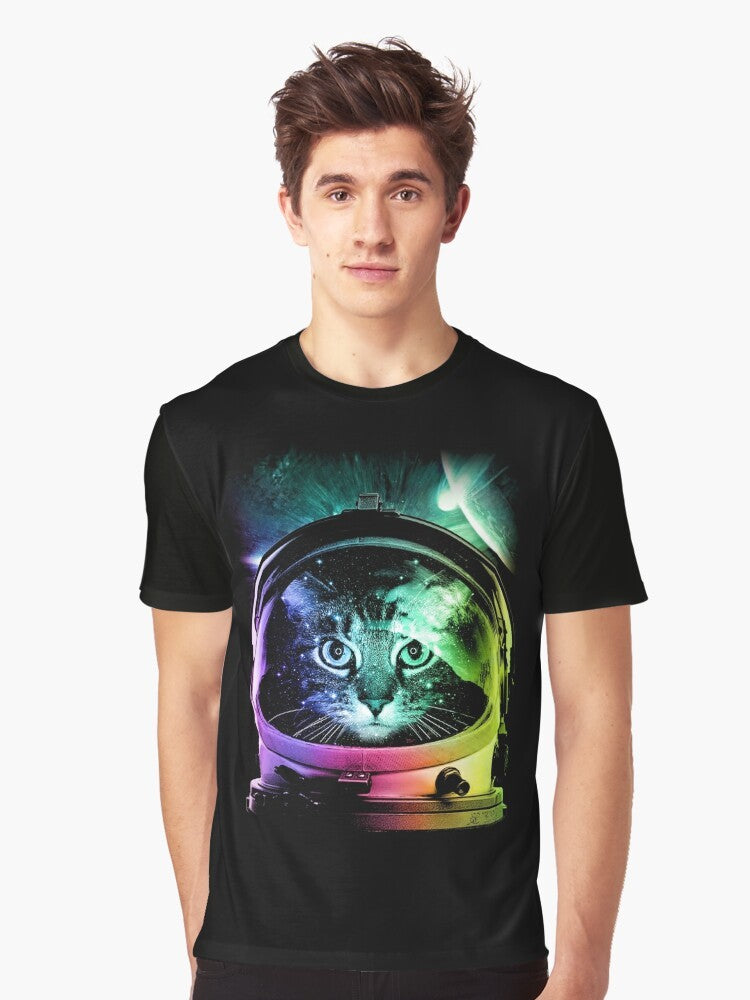 Cute and funny astronaut cat graphic design on a t-shirt. Featuring a space kitten in a spacesuit exploring the galaxy. - Men