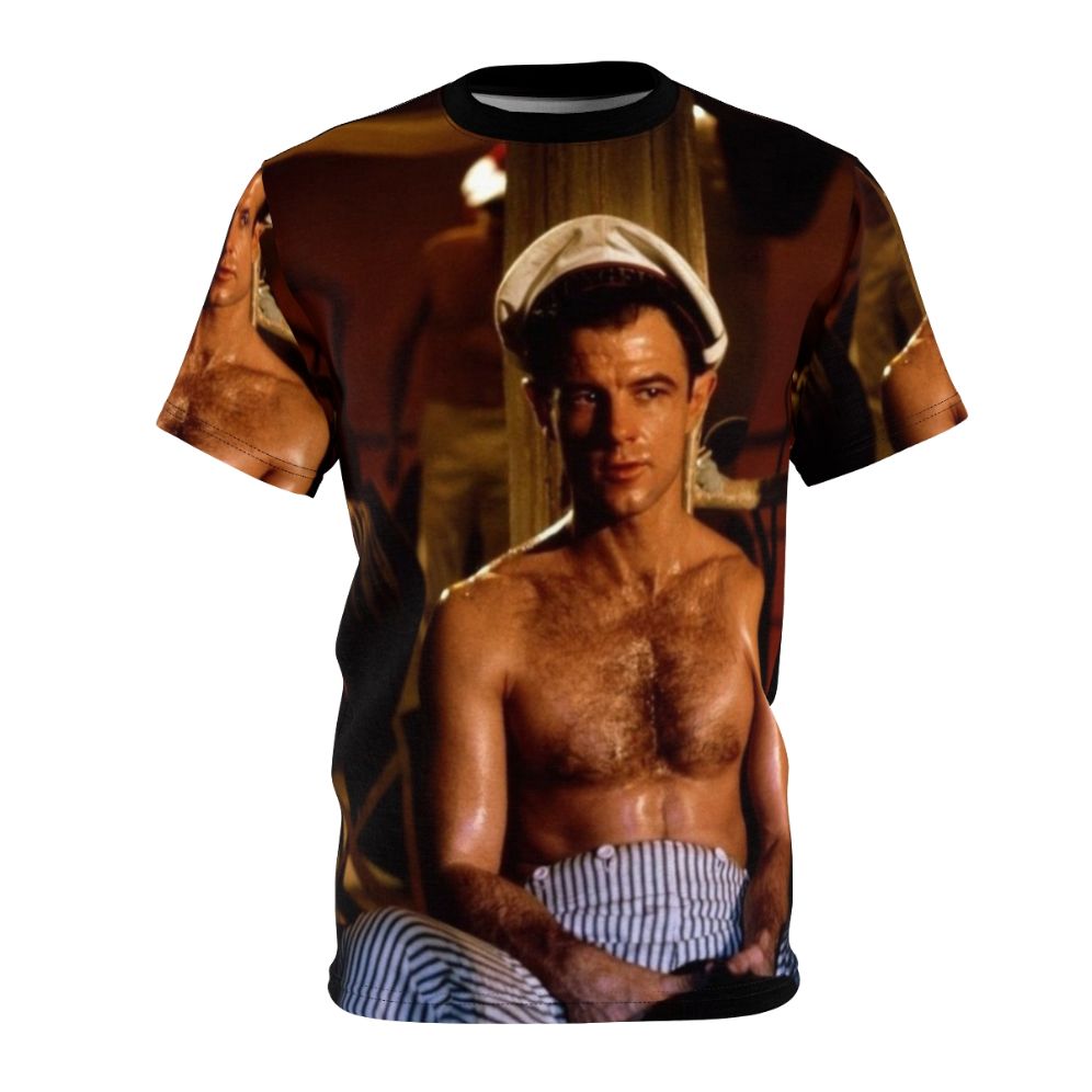 Vintage-style t-shirt featuring Brad Davis from the film Querelle, with a shirtless, hairy-chested, sexy sailor design.