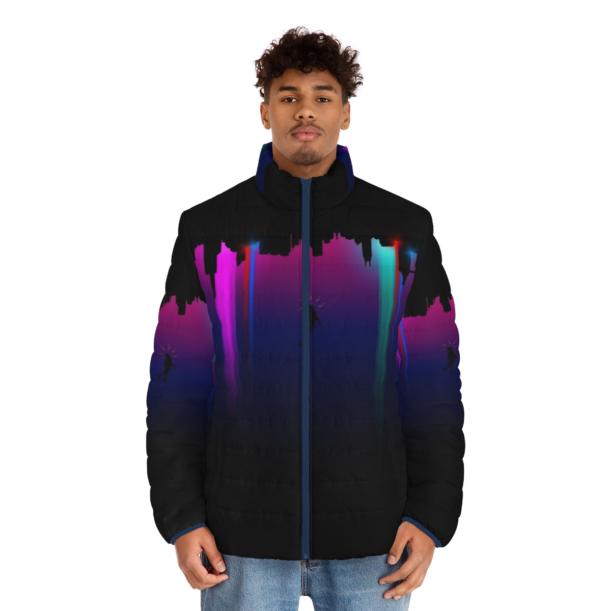 Marvel Spider-Verse inspired "Never Sleeps" puffer jacket with superpower and superhero graphics - men front