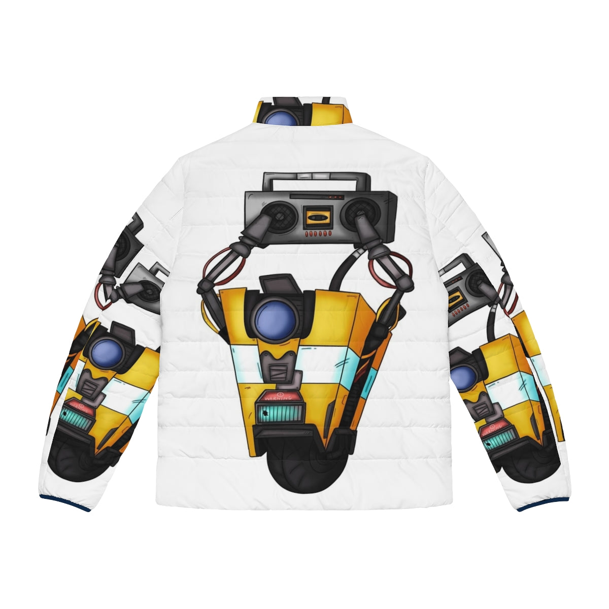 Borderlands Claptrap Boombox Puffer Jacket with a robotic design - Back