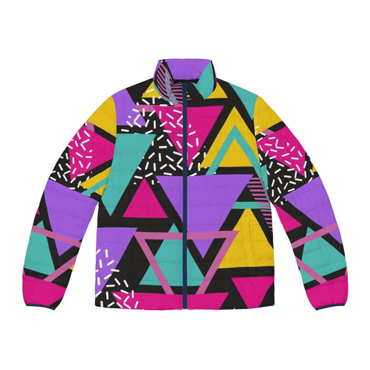 Retro Memphis triangles puffer jacket with colorful geometric patterns