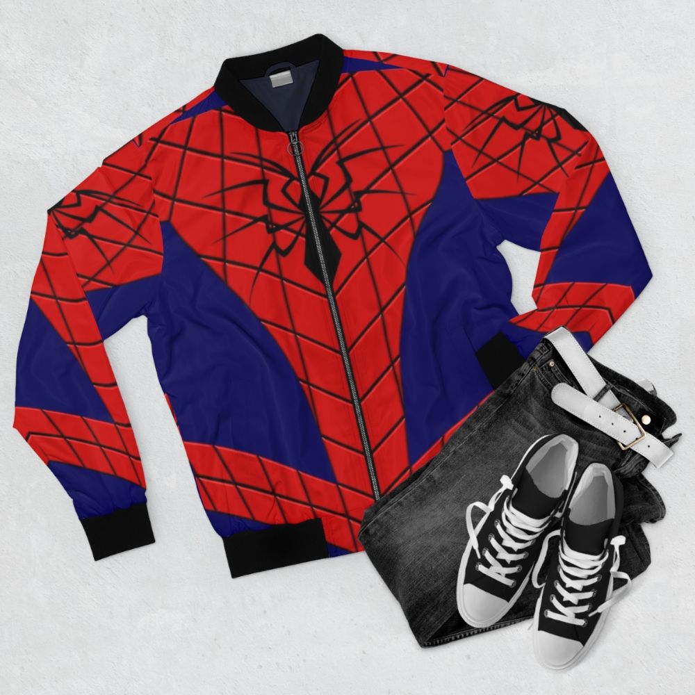 Spider Bomber Jacket - Marvel's Spiderman Inspired Superhero Apparel - Flat lay