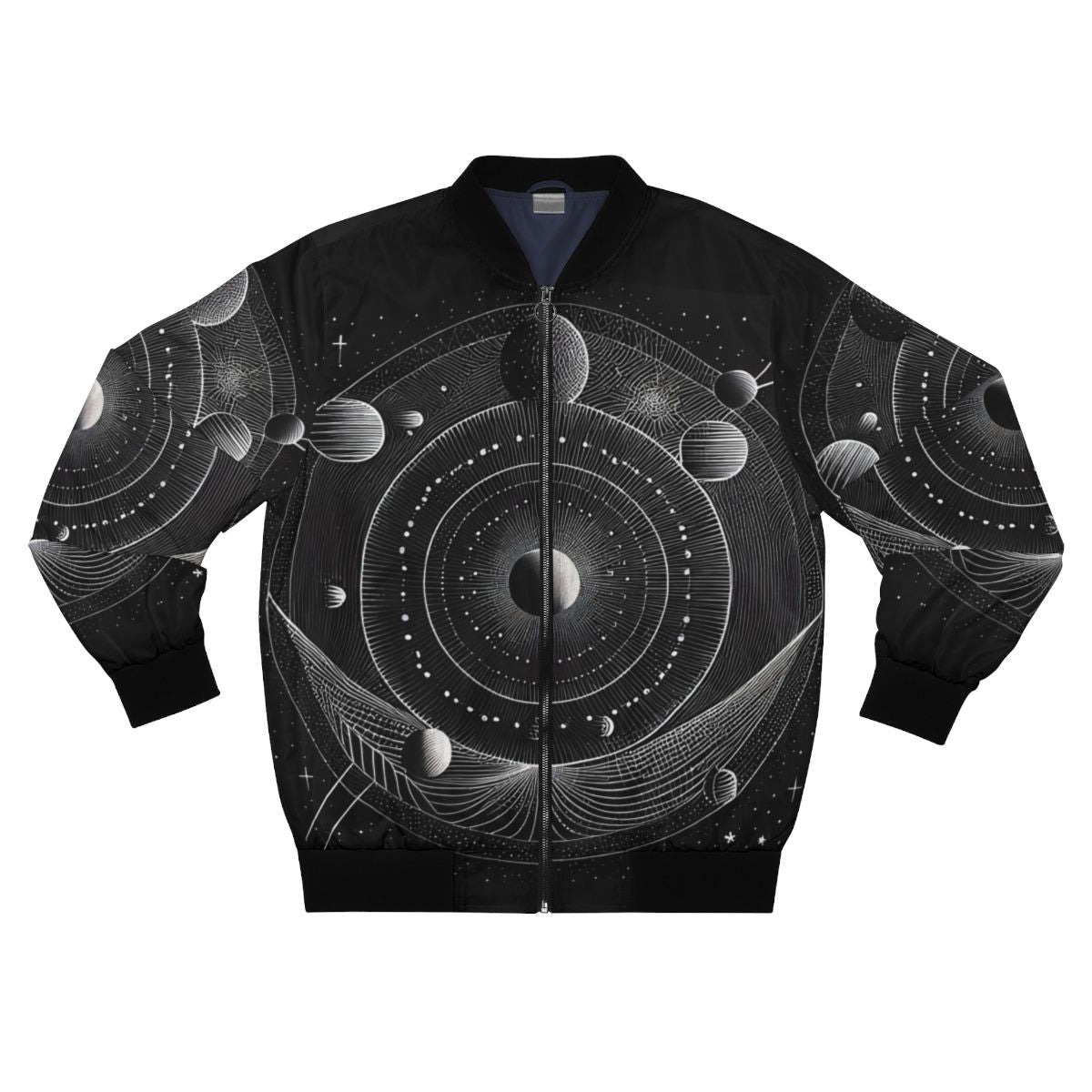 Bomber jacket with a geometric solar system design in black and white