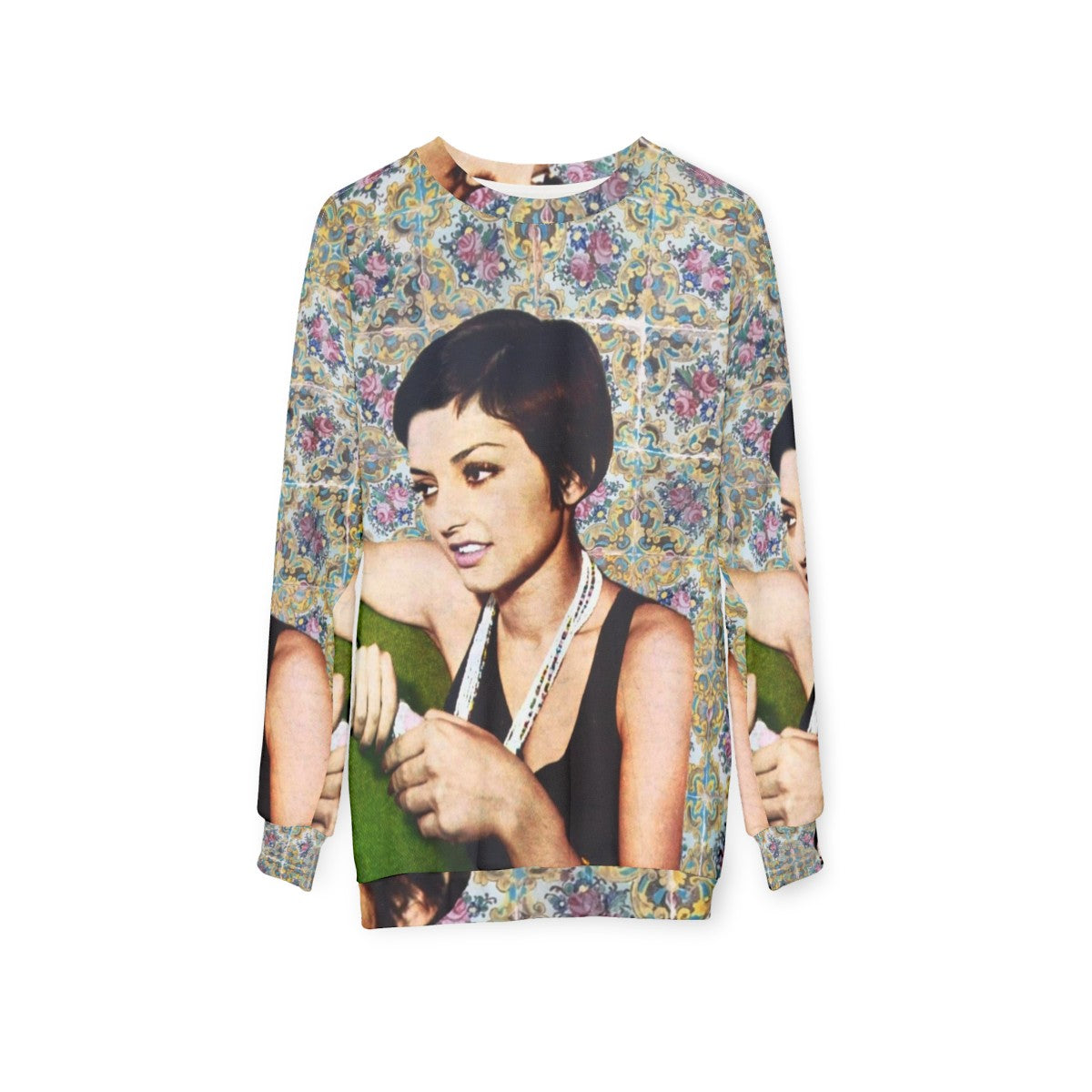 Vintage Persian music sweatshirt featuring Iranian singer Googoosh on a couch - hanging