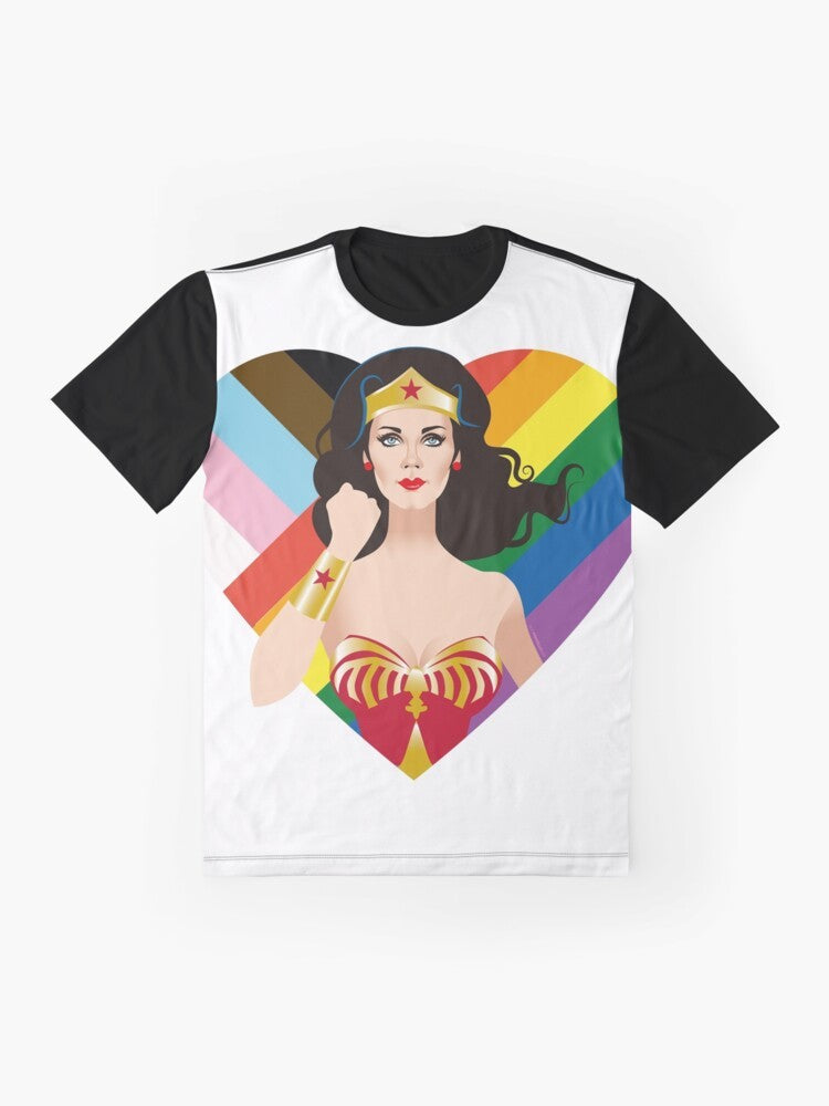 Pride LGBTQ Graphic T-Shirt featuring a colorful rainbow design and the words "Pride, Love, LGBTQ" - Flat lay