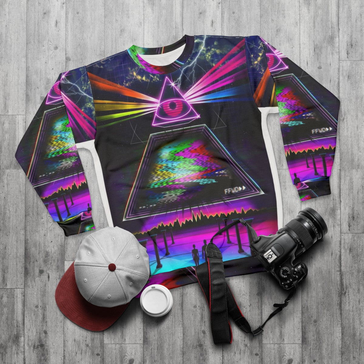 Retro synthwave futuristic space sweatshirt - flat lay