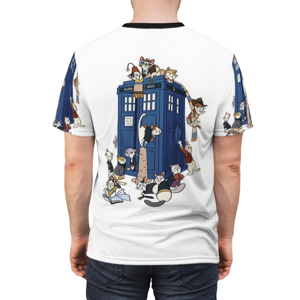 Whimsical t-shirt design featuring a cat dressed as the iconic Time Lord from the Doctor Who series - men back