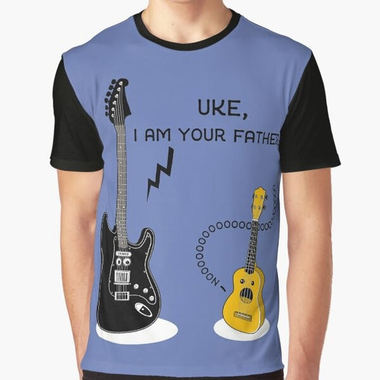 Graphic t-shirt with text "Uke, I am your Father!" and a ukulele design