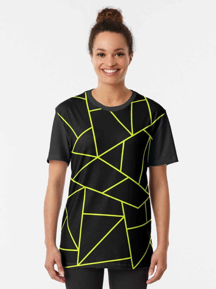 Chartreuse yellow geometric pattern design on a black graphic t-shirt - Women