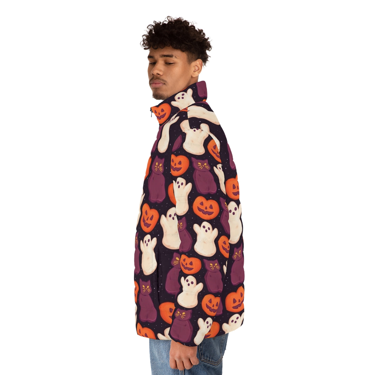 Dark puffer jacket with spooky cute Halloween marshmallow print - men side left