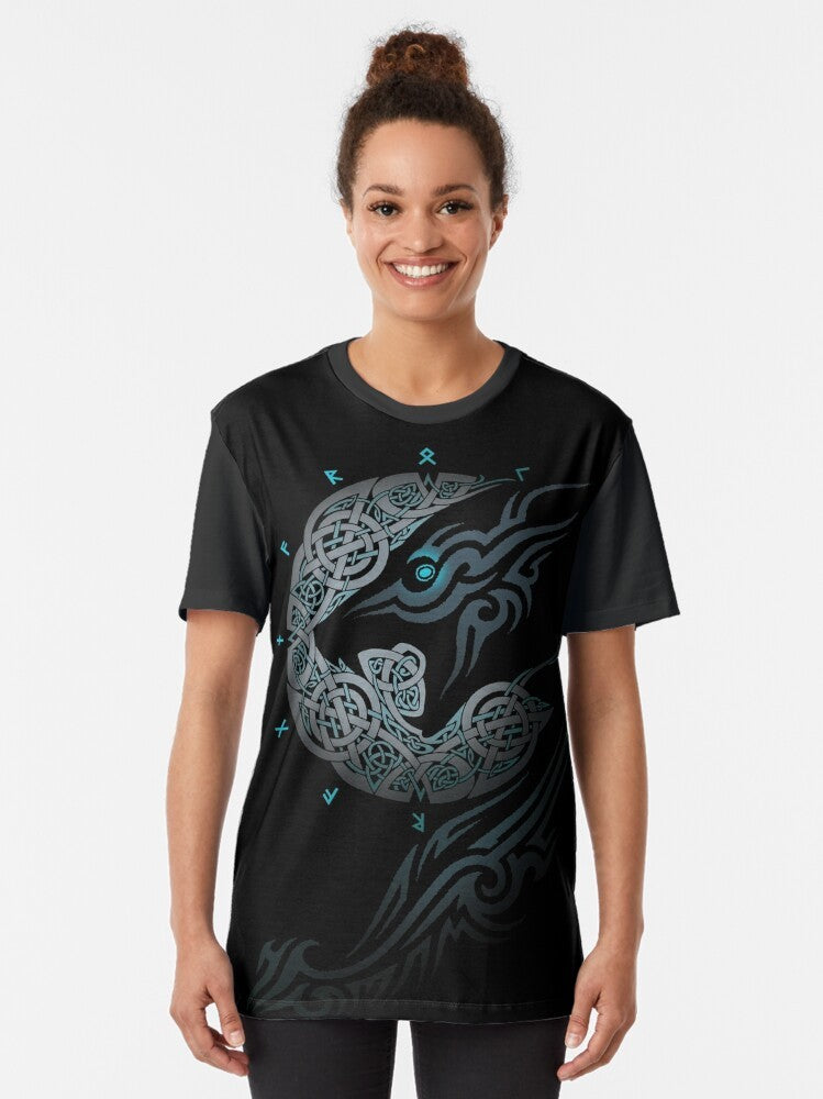 Ragnarok Moon Graphic T-Shirt featuring a mythical wolf, moon, and Celtic symbols from Nordic mythology - Women