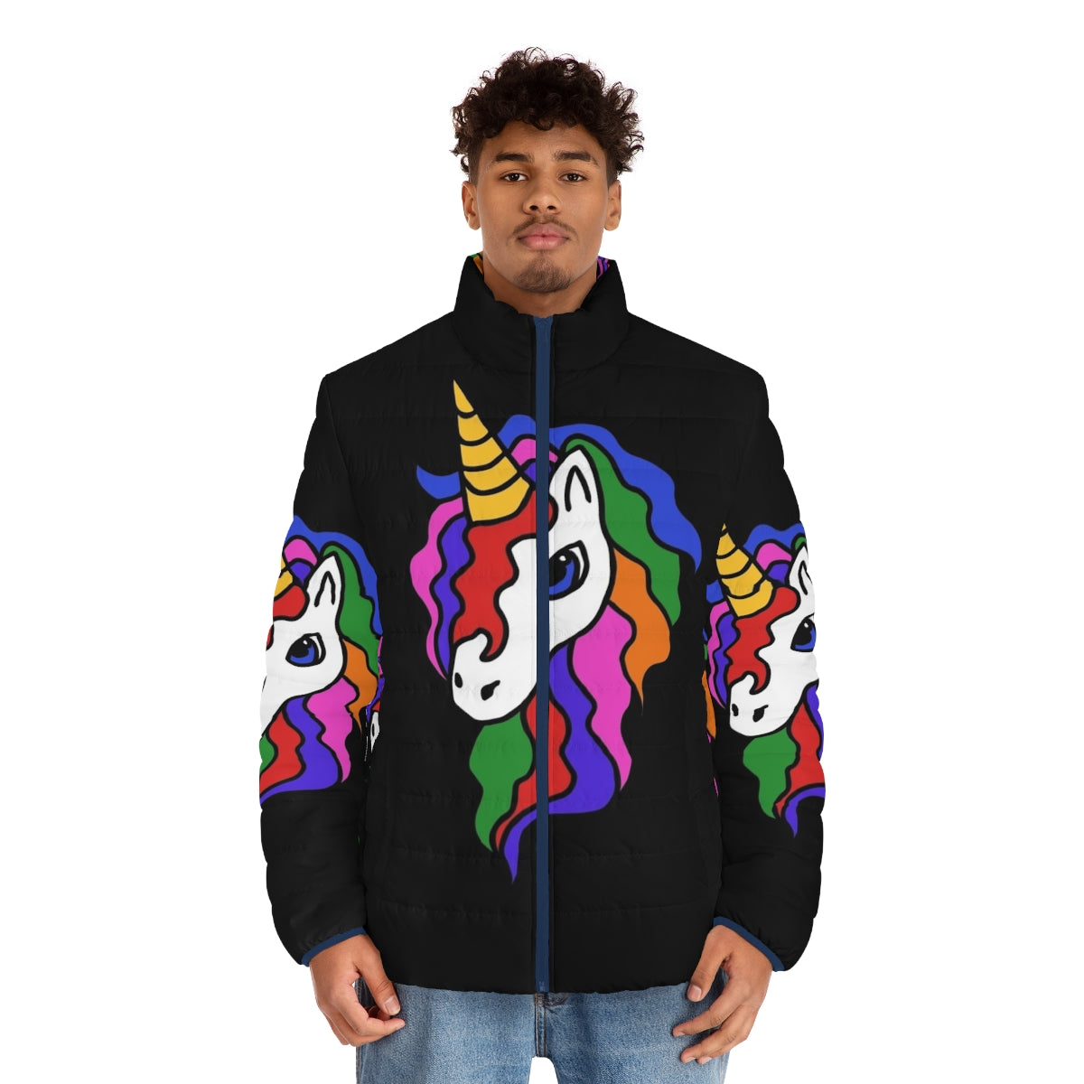 Colorful rainbow unicorn puffer jacket with a playful and whimsical design - men front