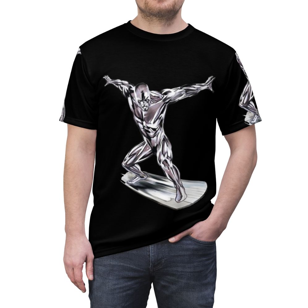 A stylish t-shirt featuring a striking wave and surfer design - men front