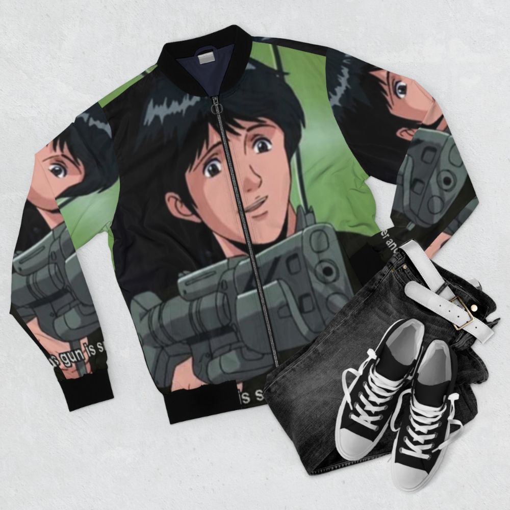 Gun-themed bomber jacket featuring design inspired by the anime series "Legend of the Galactic Heroes" - Flat lay