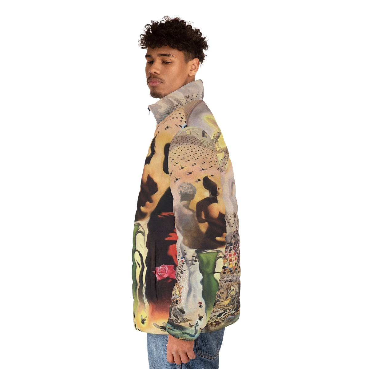 Salvador Dali's surrealist masterpiece "The Hallucinogenic Toreador" featured on a high-quality puffer jacket. - men side left