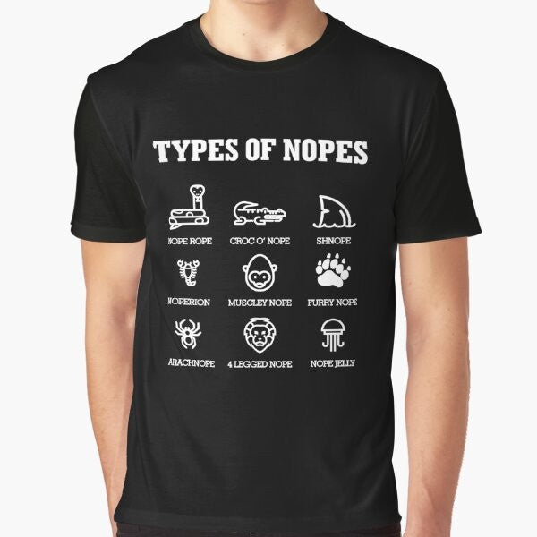 A funny graphic t-shirt with the text "Type of Nopes" and various humorous expressions and animals.