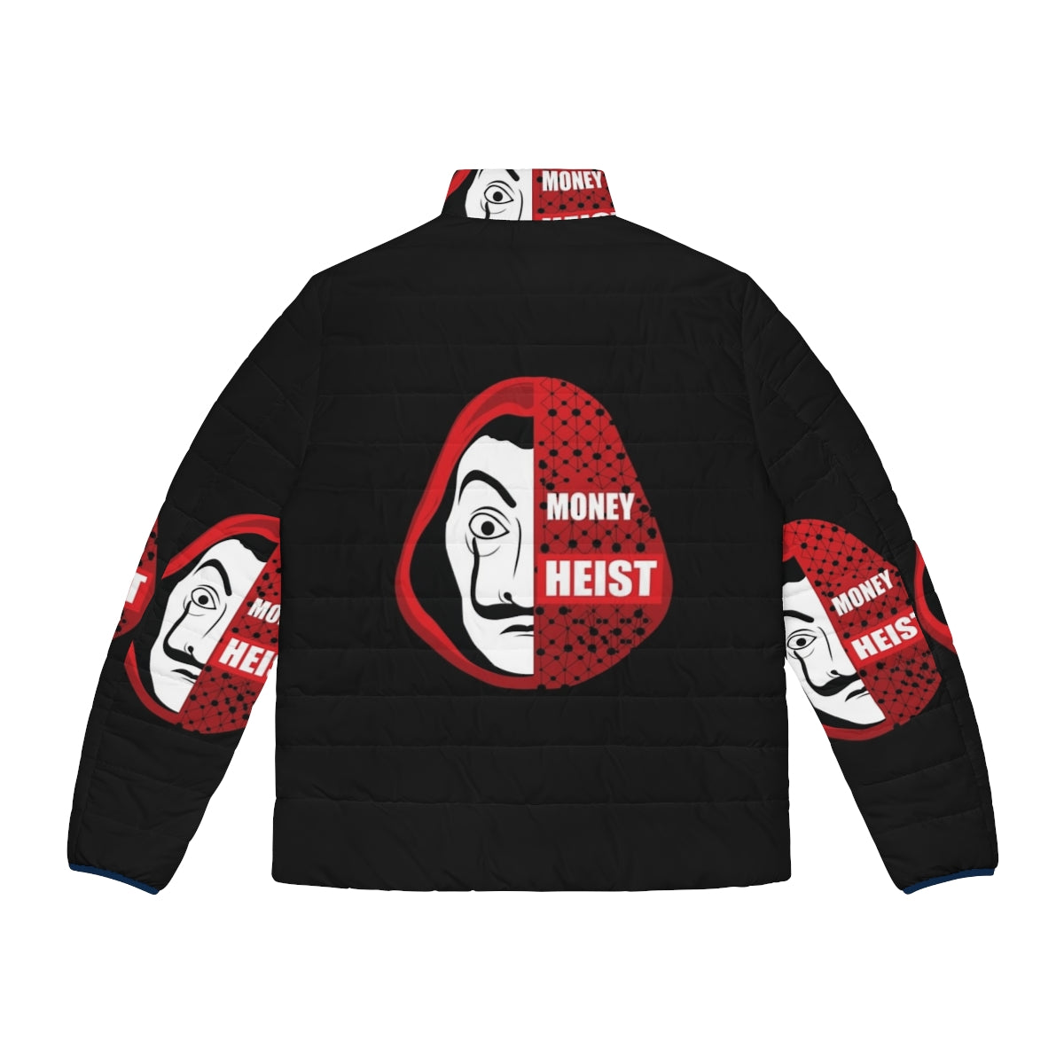 Money Heist Puffer Jacket featuring the iconic mask and vibrant colors from the hit Spanish TV show - Back