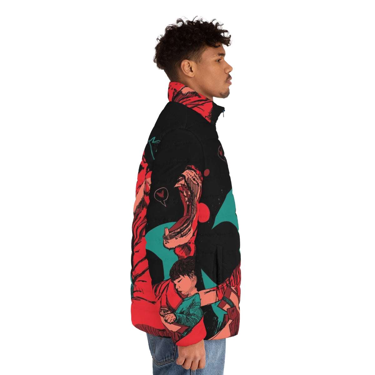 Puffer jacket with tiger and girl graphic in a storybook-inspired fantasy design - men side right