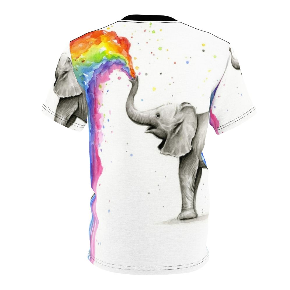 Whimsical illustration of a cute baby elephant spraying a colorful rainbow from its trunk - Back