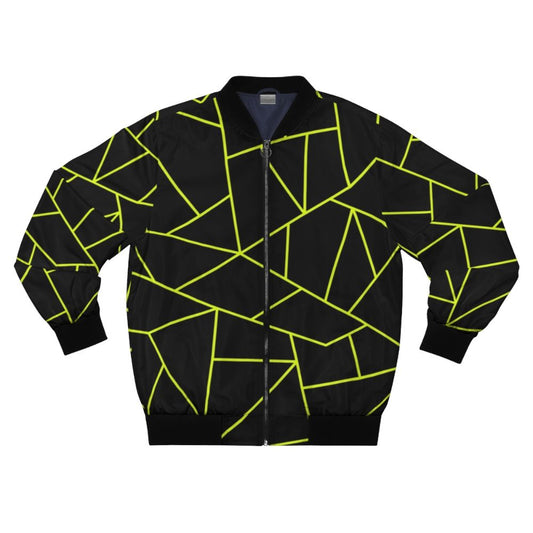 Chartreuse yellow and black bomber jacket with a unique geometric pattern design