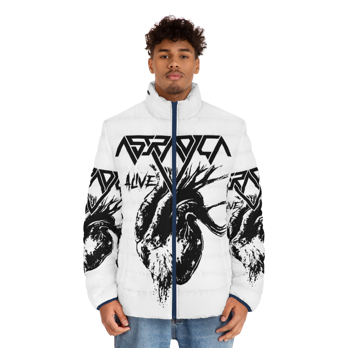 Astradica Bleeding Heart Vintage Puffer Jacket - Hardrock and Thrash Metal Band Apparel - men front