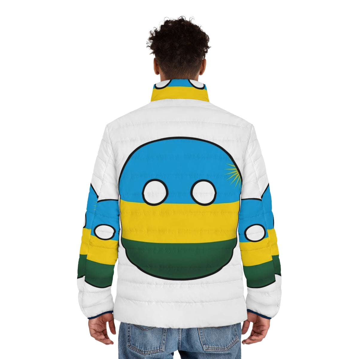 Rwanda Countryball Puffer Jacket featuring the vibrant flag and national symbols - men back