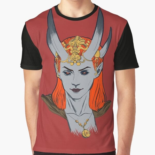 Mizora graphic t-shirt featuring a fantasy demon/cambion/tiefling character from the Baldur's Gate video game series.