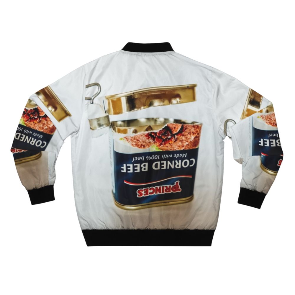 Empty tin of corned beef used as a fun and unique bomber jacket design - Back