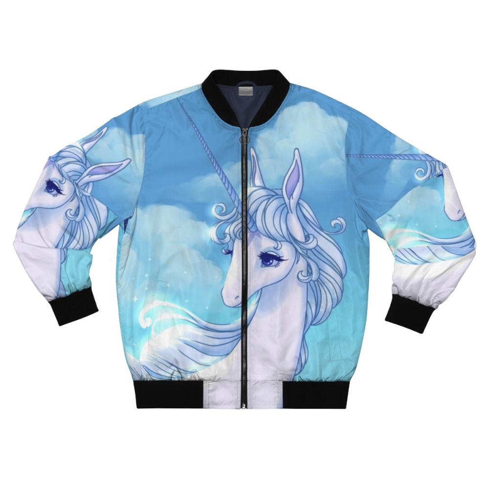 The Last Unicorn bomber jacket with unicorn, lady amalthea, and retro 80s movie graphics