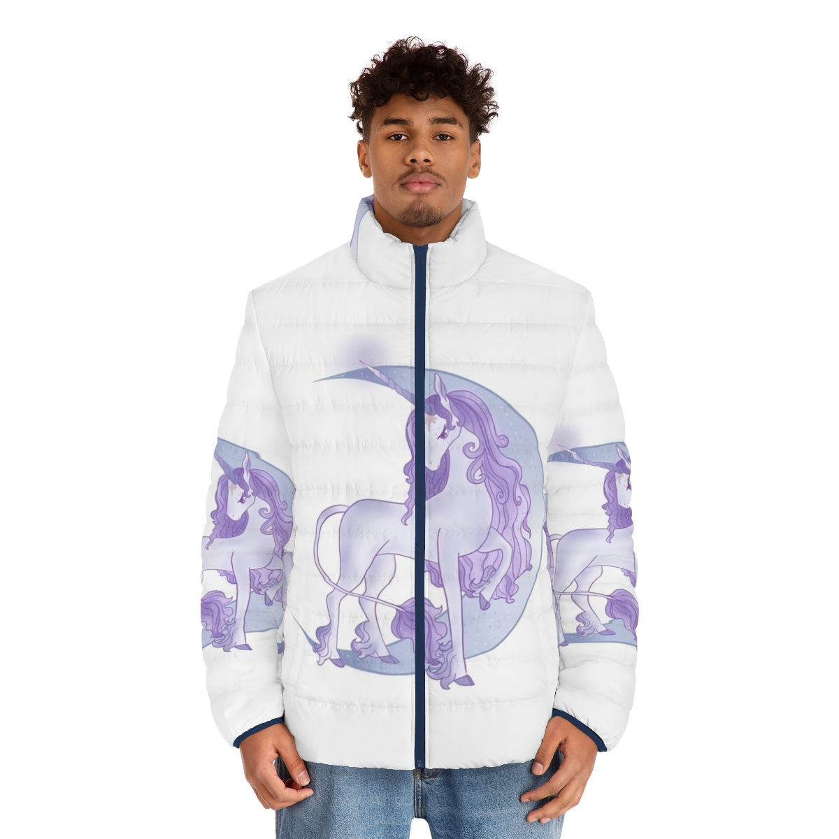 A white unicorn standing in the moonlight, wearing a magical moon puffer jacket - men front