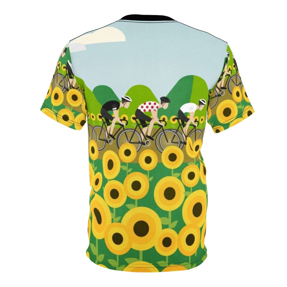 Colorful cycling t-shirt design featuring a road bike, sunflowers, and red polka dots, inspired by the iconic Le Tour de France race. - Back