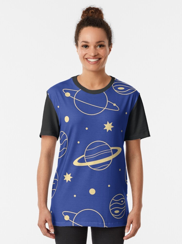 Graphic t-shirt featuring a minimalist design of the solar system and space elements - Women