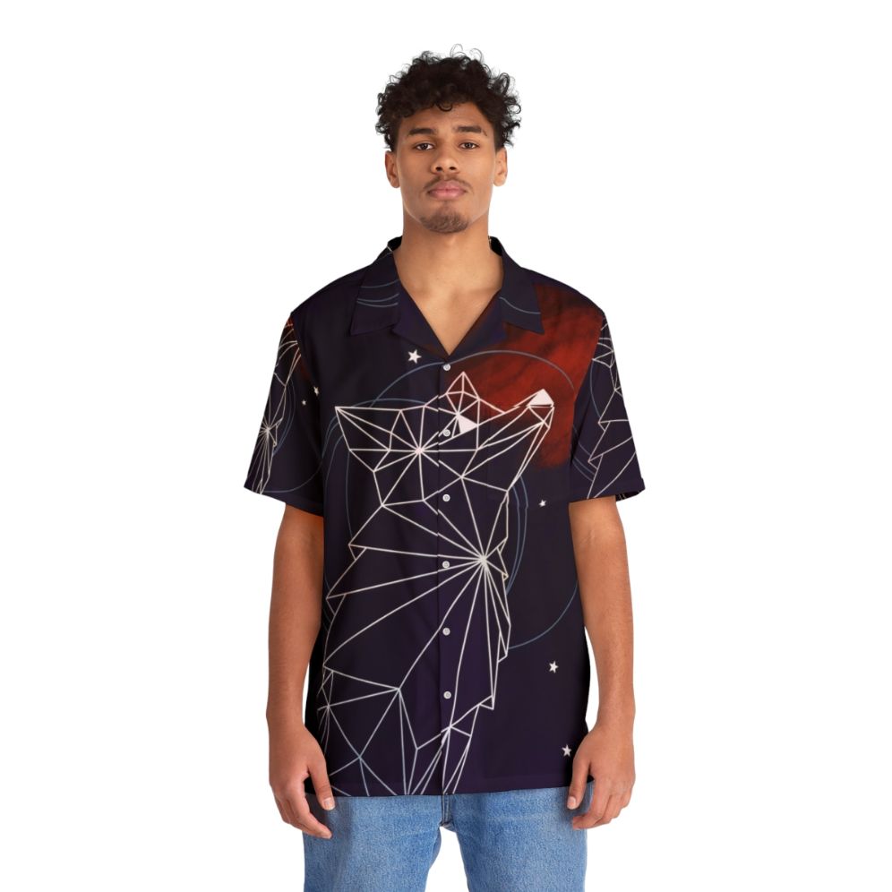 Fox in the stars geometric hawaiian shirt galaxy space print - People Front