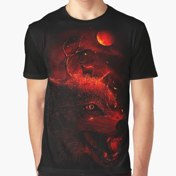 A striking red wolf silhouette against a dark, nature-inspired background on a graphic t-shirt.