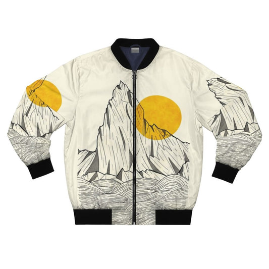 A stylish bomber jacket featuring an abstract design inspired by sea cliffs, mountains, and the natural world.