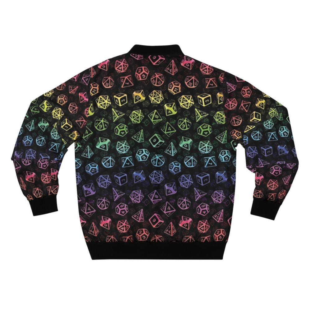 A colorful bomber jacket featuring a D20 dice and Dungeons and Dragons inspired pattern in a rainbow of colors. - Back