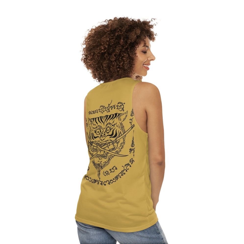 Traditional Thai Tiger and Swords Tattoo Design Unisex Tank Top - women back