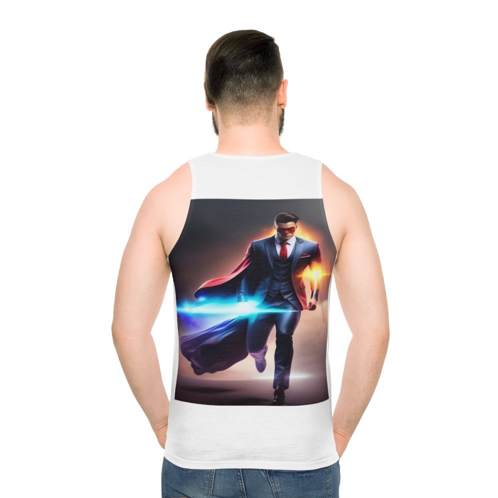 Unisex superhero tank top with graphic slogan design - men back