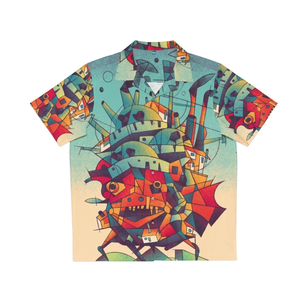 Moving Castle inspired Hawaiian shirt with cubist, futuristic design