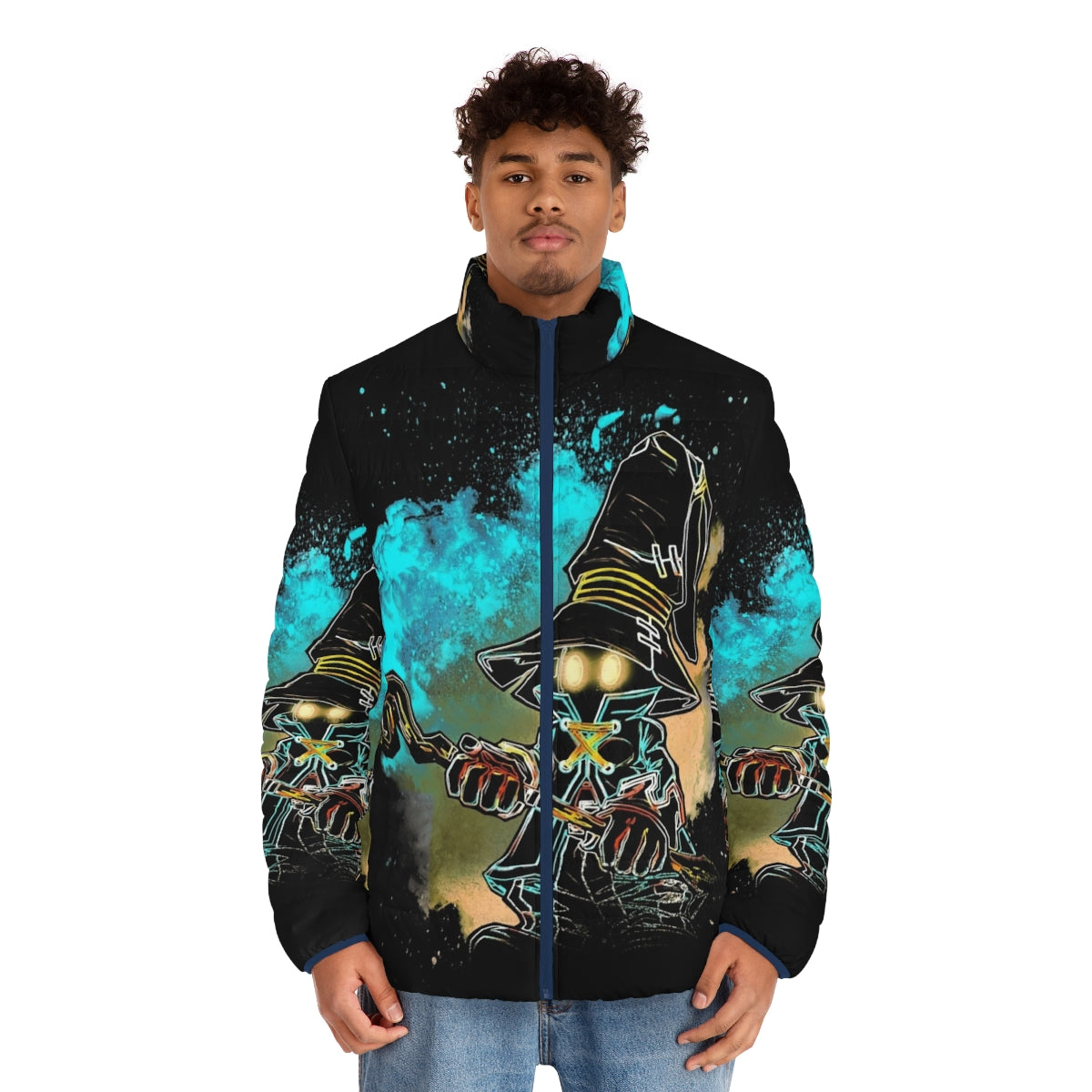 A stylish puffer jacket featuring a negative silhouette design of a Black Mage from the Final Fantasy video game series. - men front