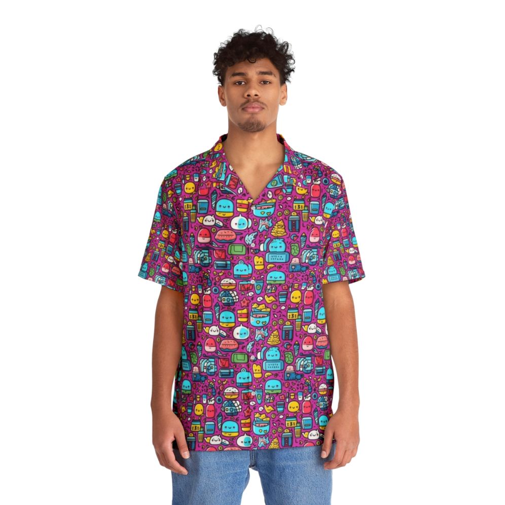 Vibrant Hobbies Hawaiian Shirt featuring cartoon animals and fruit motif - People Front