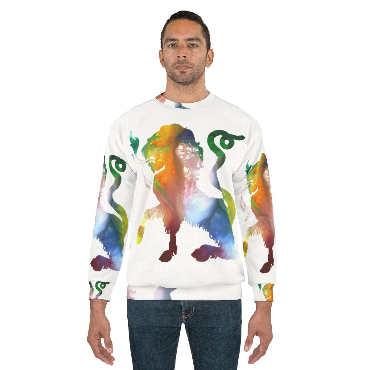 Watercolor illustration of a colorful chimera, a mythical Greek creature, on a sweatshirt - men