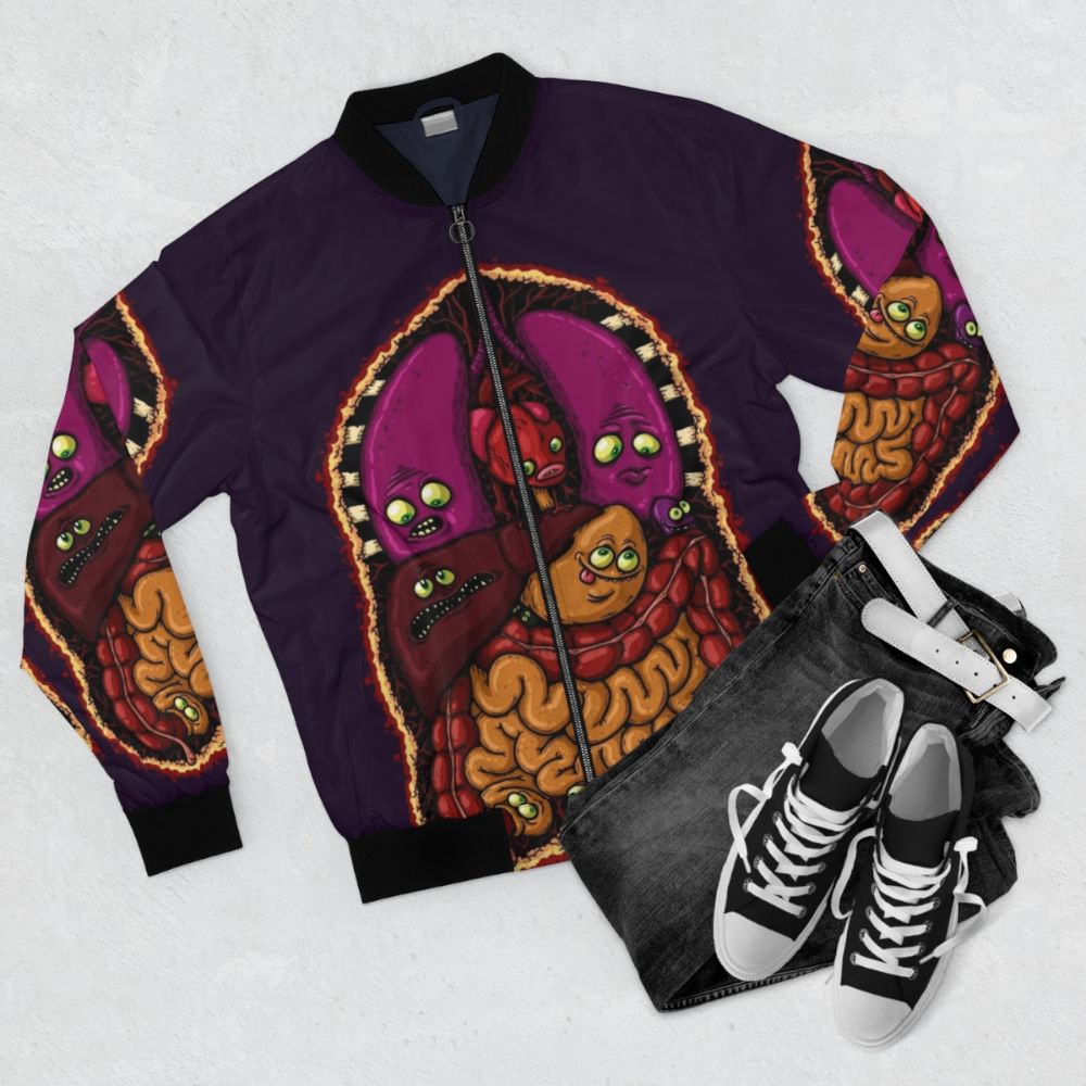 Organ Story Anatomy Bomber Jacket featuring graphic design of internal human organs - Flat lay