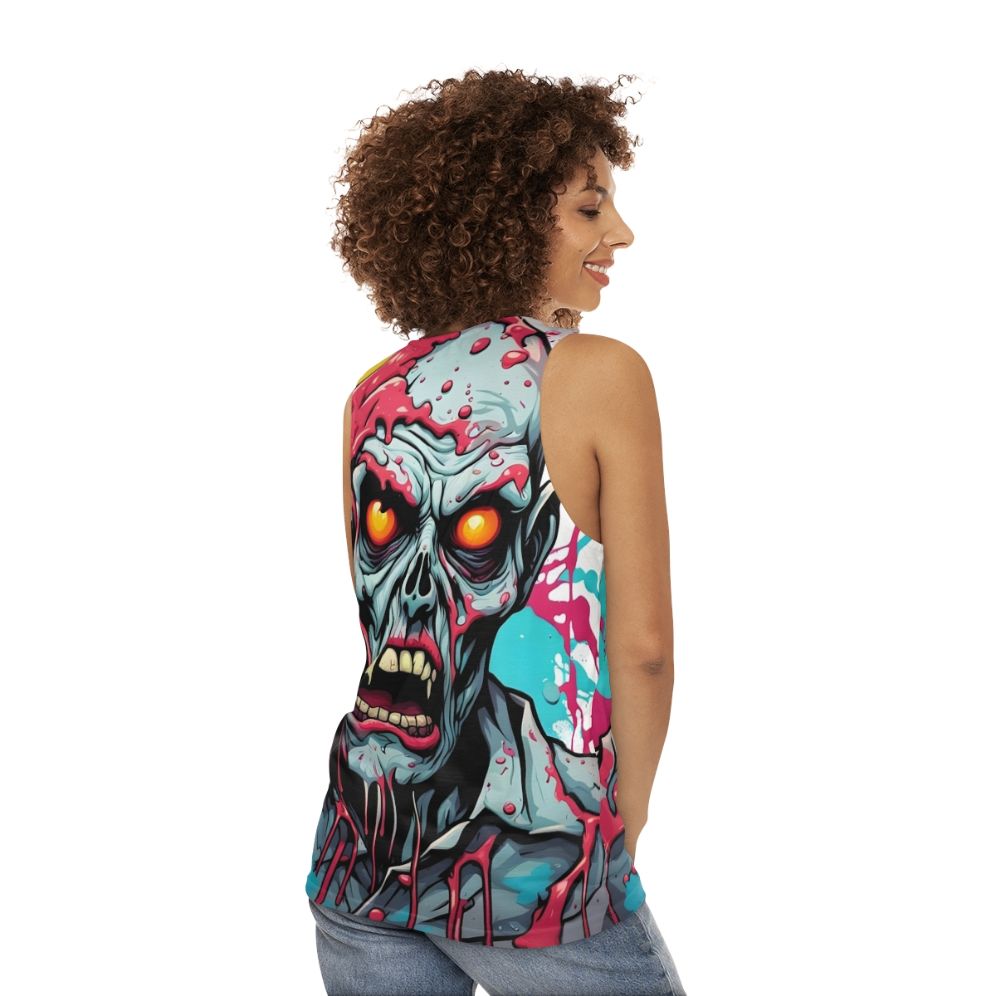 Zombie apocalypse unisex tank top with chaotic undeath paint drip - women back