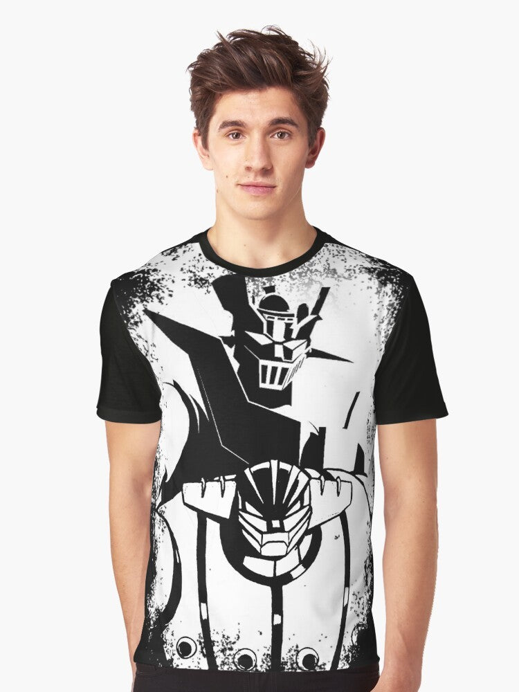 Heroes Never Die graphic t-shirt featuring a robot, anime-style mecha design - Men