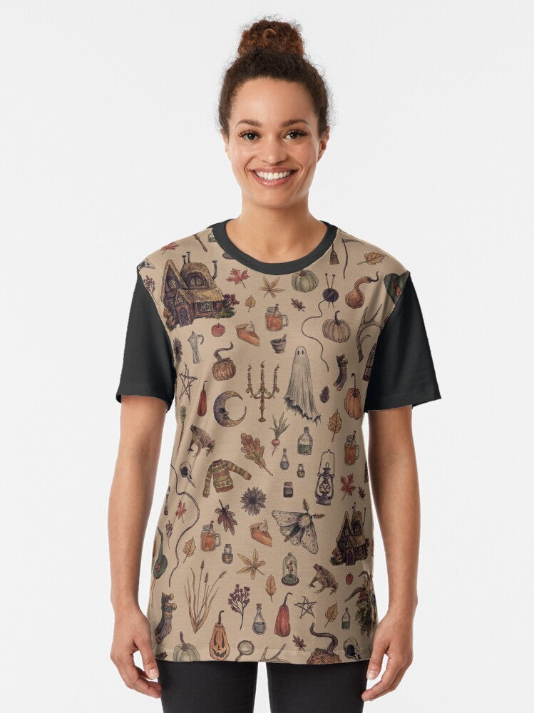 Rustic cozy crone graphic t-shirt with witch, autumn, and nature-inspired design - Women